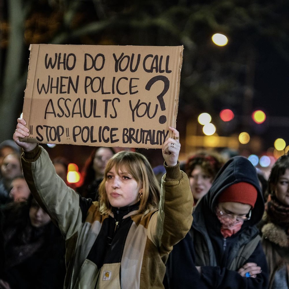 Students demonstrate against police violence during the ending of an illegal house party